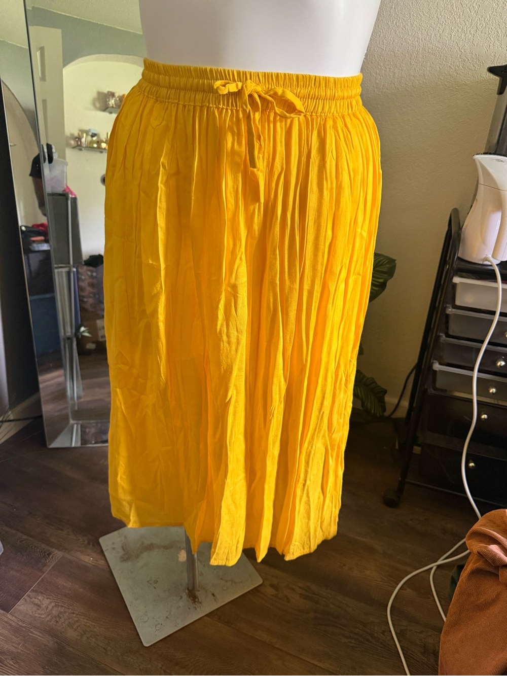 Sunshine Yellow Midi Skirt with Elastic Drawstring Waist